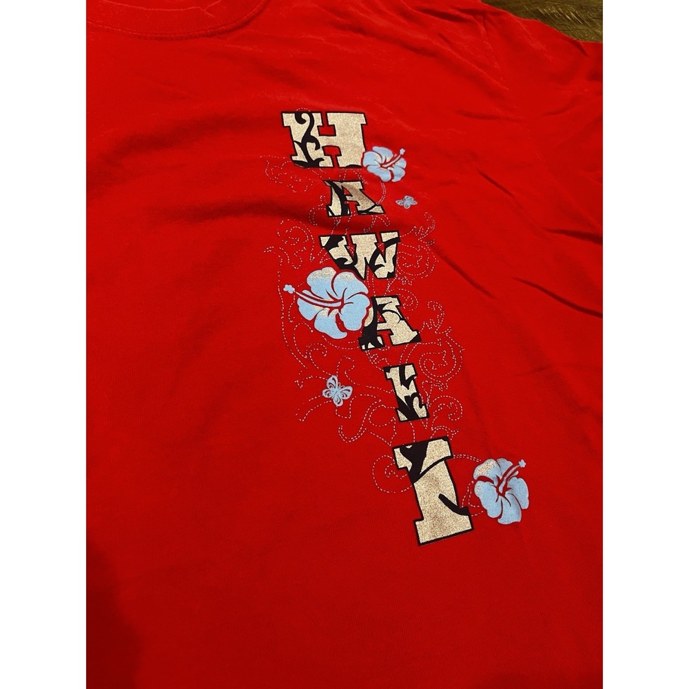 Vintage Y2k Hawaii Tribal Floral Metallic Graphic T-Shirt Red Large - Picture 2 of 5